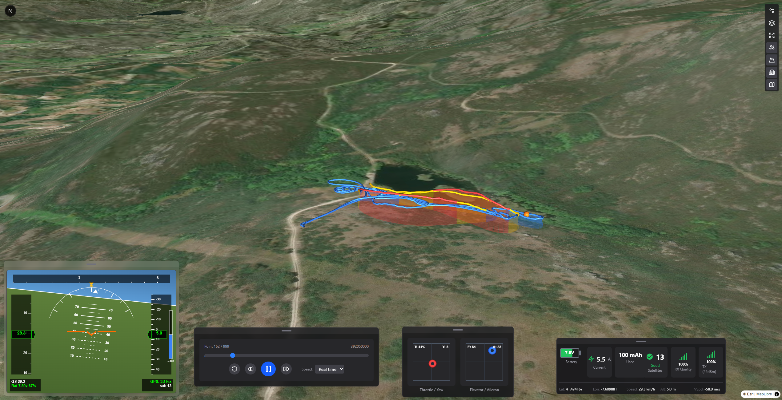 UAV Desk 3D flight map in fullscreen mode with resizable overlays