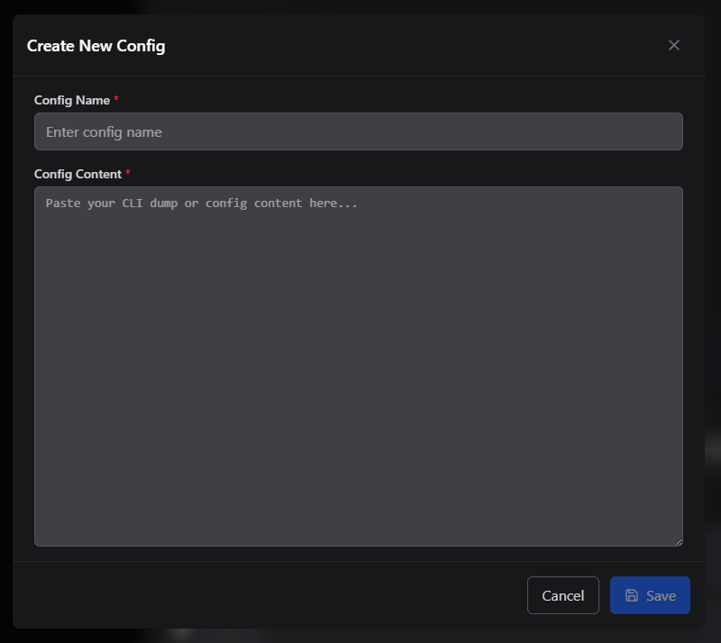 UAV Desk config editor modal with CLI dump content