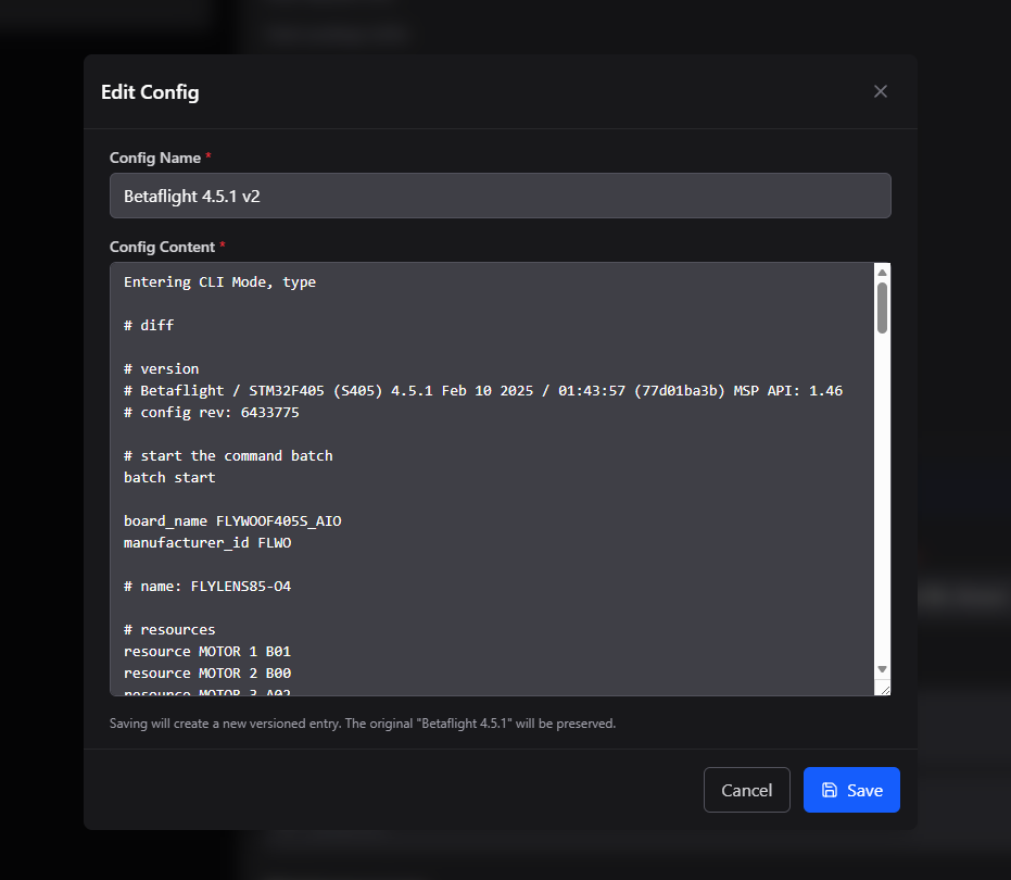 UAV Desk config editor in edit mode showing versioned save