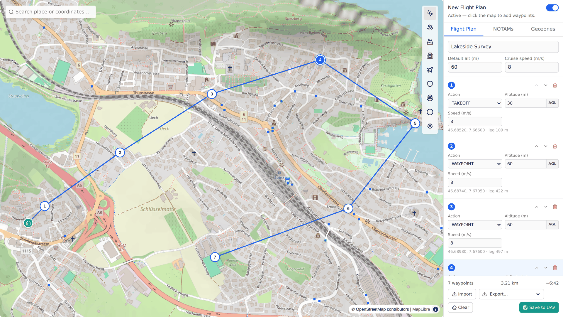 UAV Desk flight planner showing a waypoint route over Spiez with the planning panel open