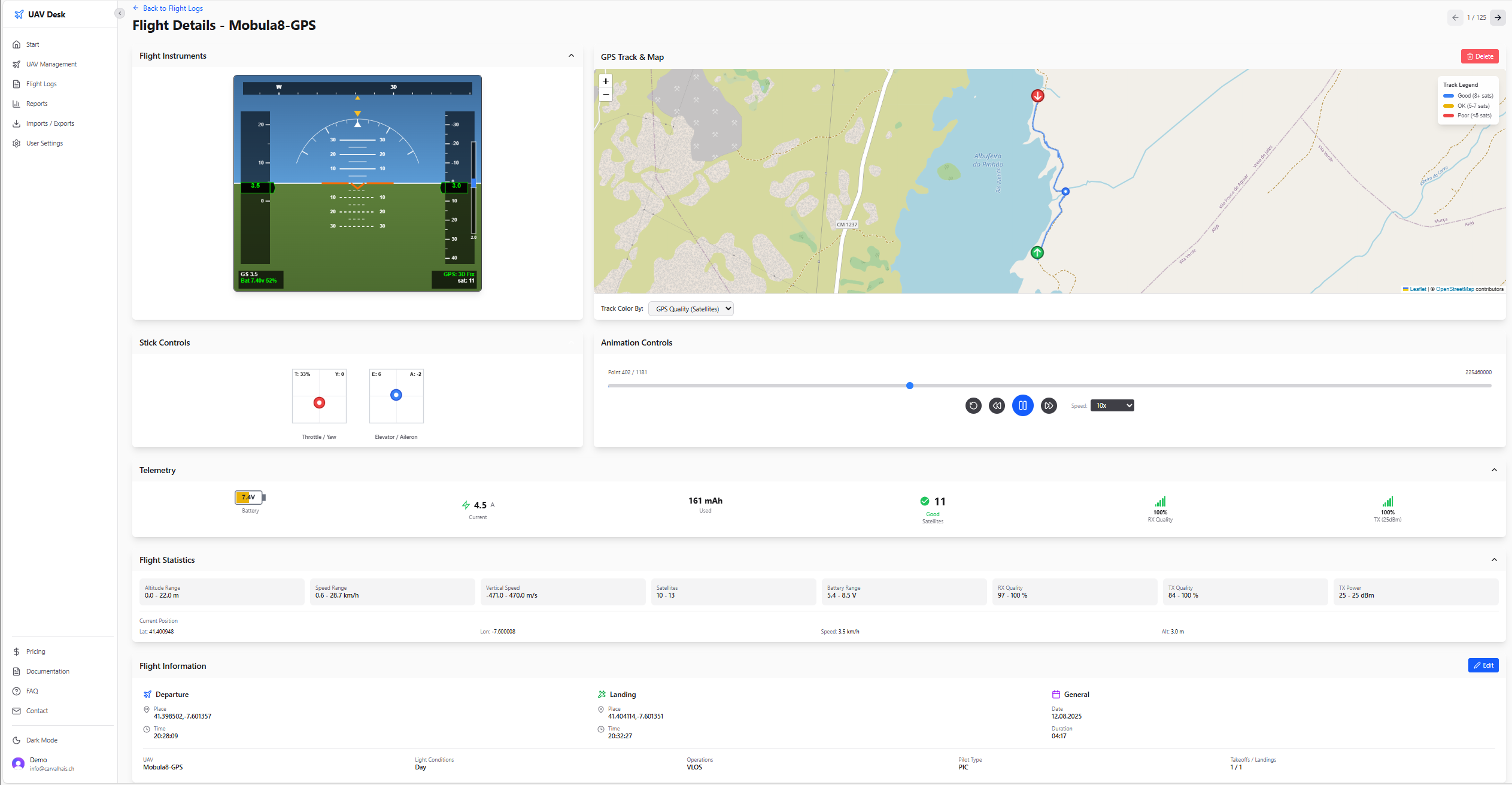UAV Desk flight details view showing GPS telemetry and flight parameters