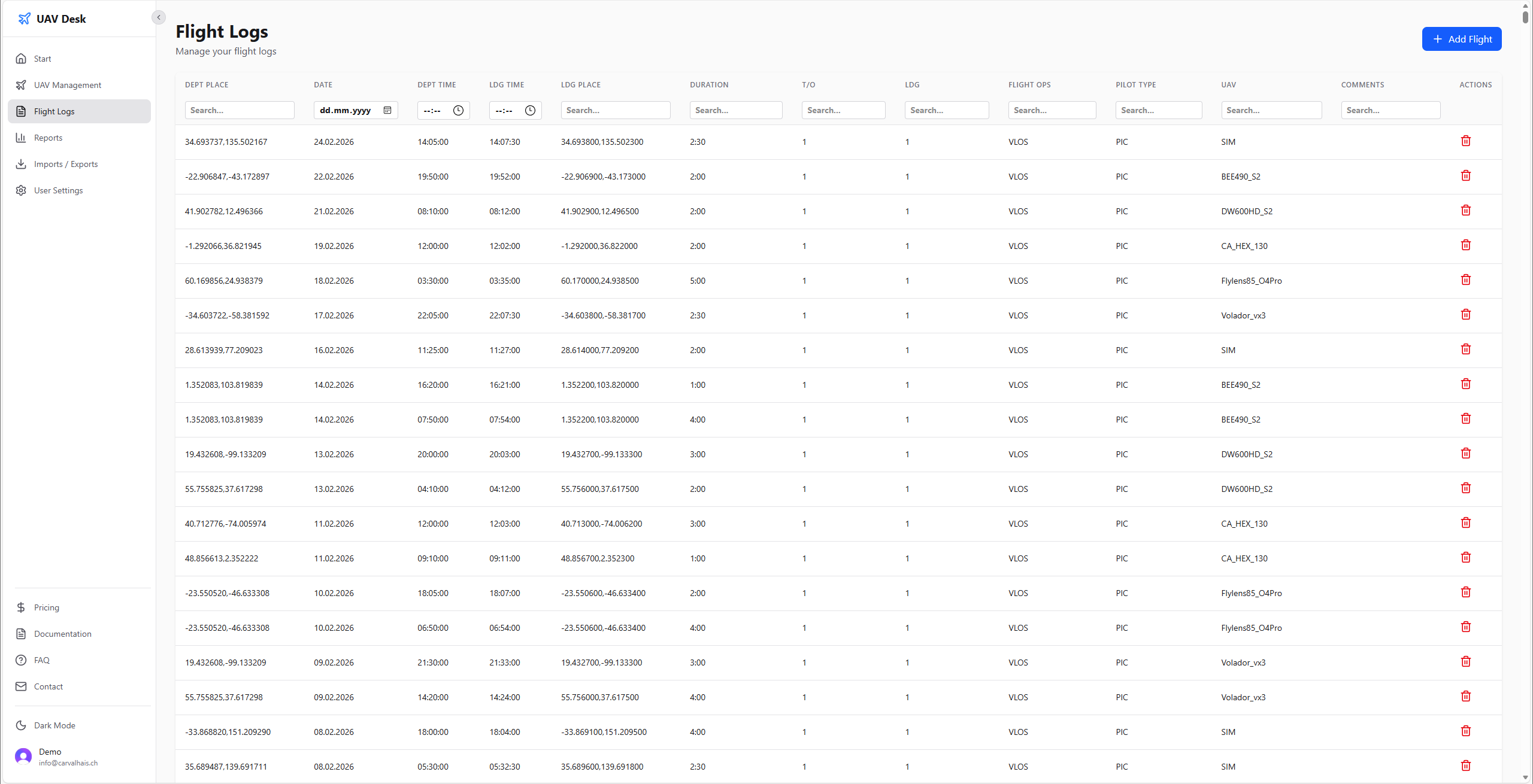 UAV Desk flight log table listing all recorded drone flights automatically