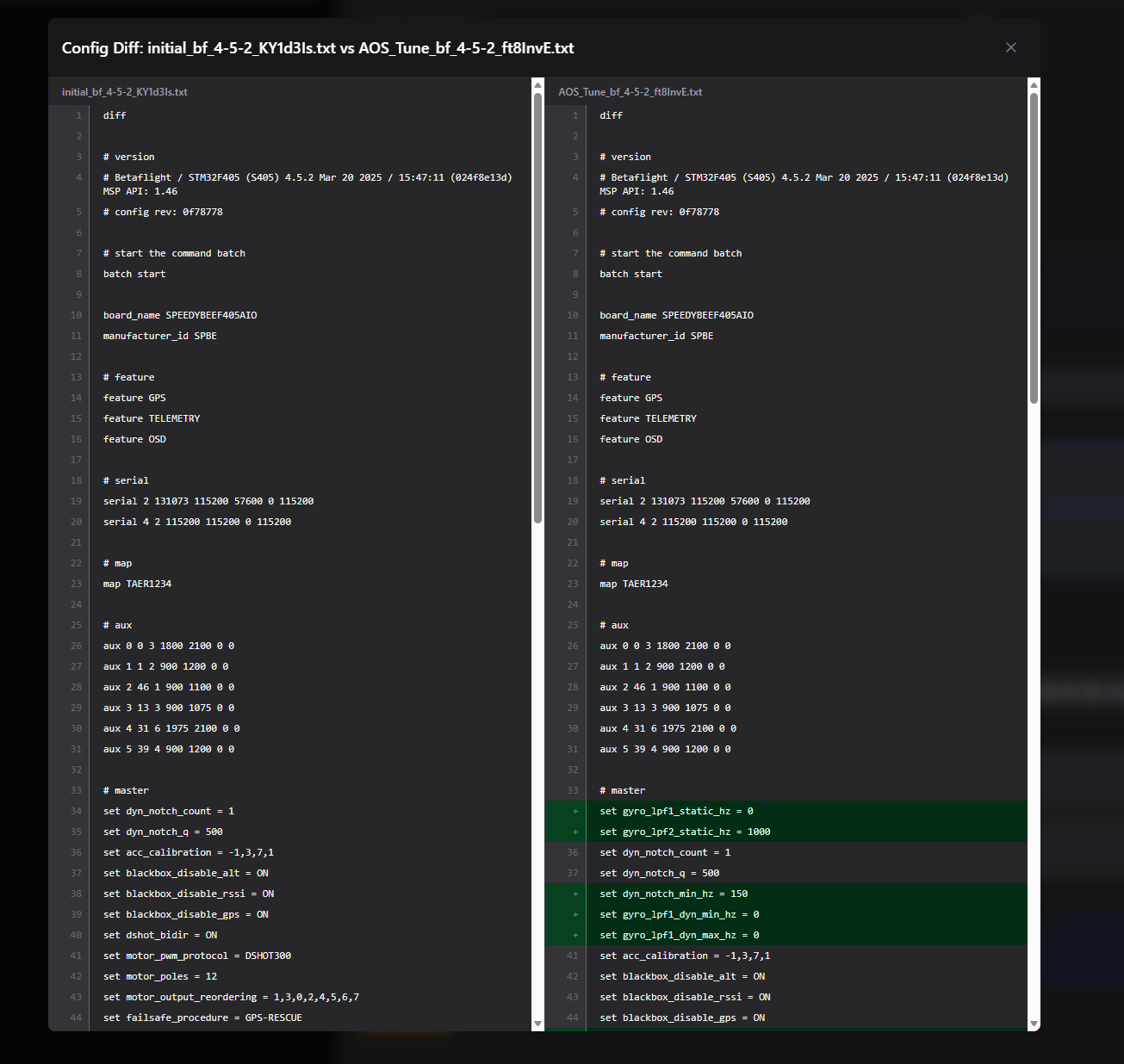 UAV Desk configuration file diff comparing two Betaflight / INAV CLI dumps